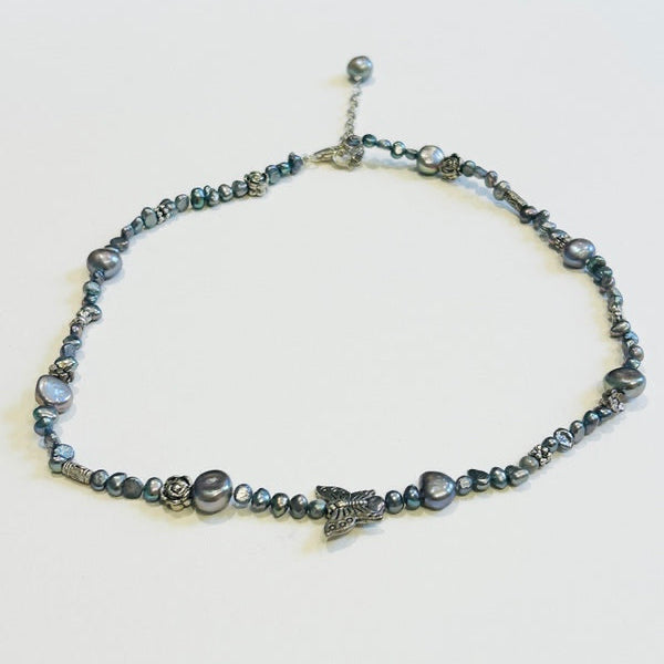 Mixed Black-Grey Pearls Necklace with Metal butterfly (PO29)